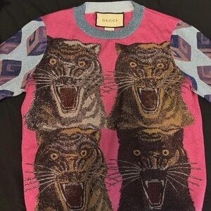 Gucci Pink and Blue Tiger Graphic Men's Sweater